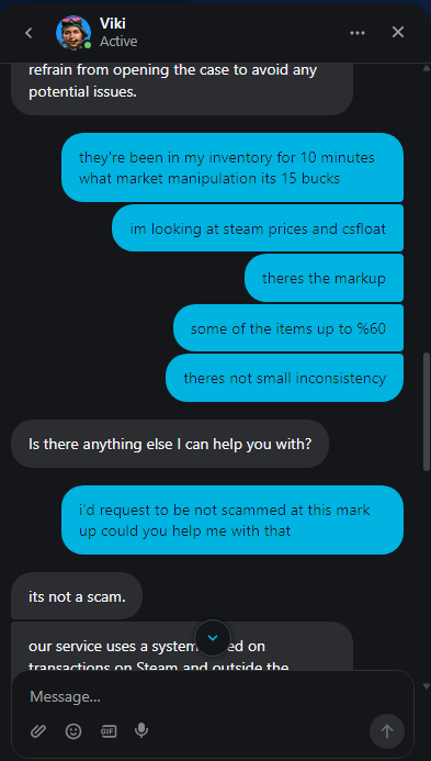 Support chat screenshot where pricing discrepancy concerns receive a dismissive response