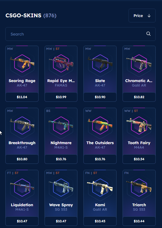CSGO-SKINS platform inventory screen showing withdrawal items around the 10 dollar range
