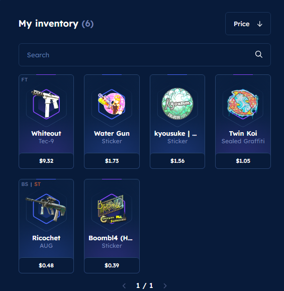 CSGO-SKINS inventory screenshot showing Tec-9 Whiteout and other low-tier items with site-side dollar values