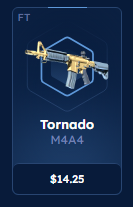 CSGO-SKINS screenshot showing M4A4 Tornado listed at 14.25 dollars